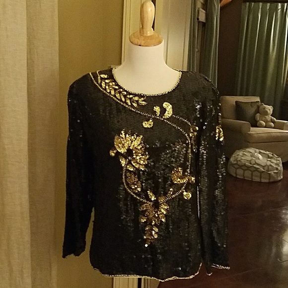 NWT vintage black sequined long sleeve blouse - Picture 1 of 5